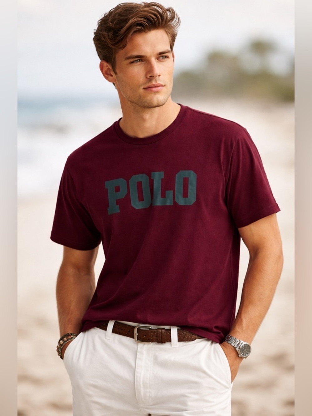 Polo Ralph Lauren Burgundy Logo Spell Out Tee Size L preppy